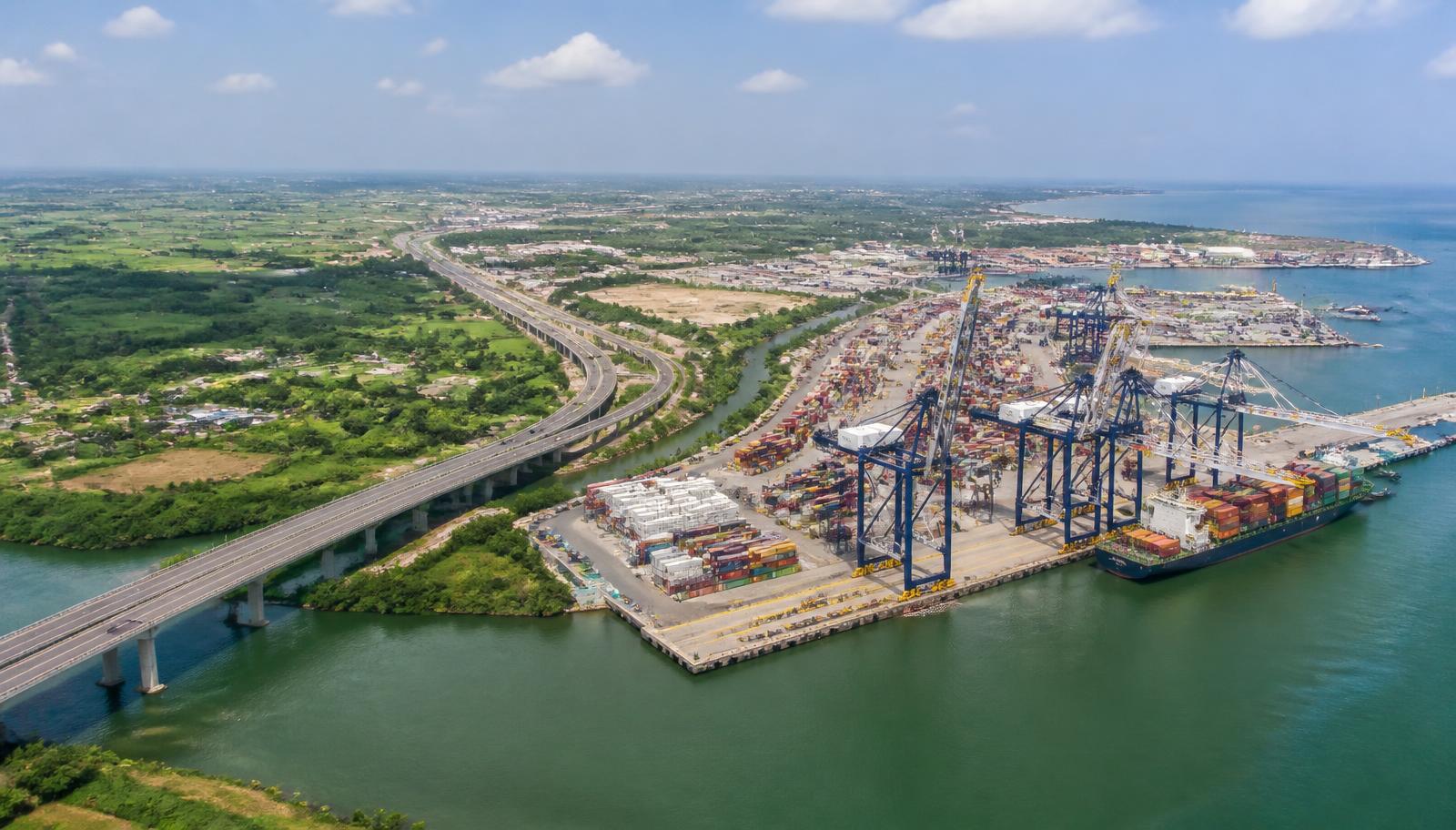 African port, highway bridge and farmland viewed from above