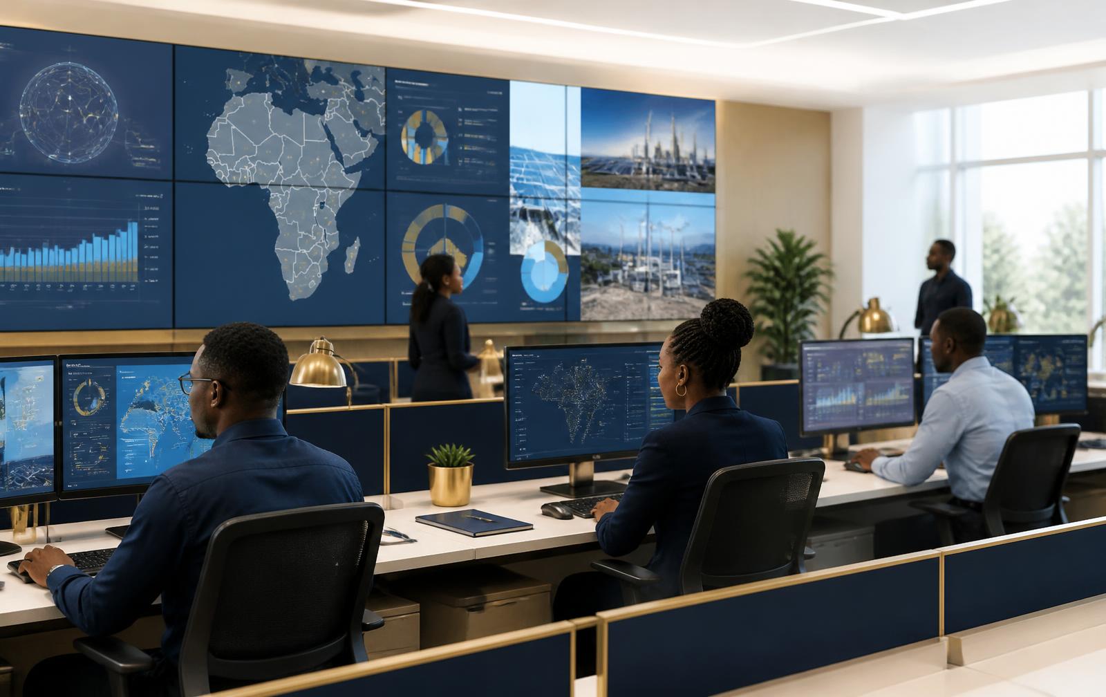Professional technology operations centre with mapping and dashboard displays